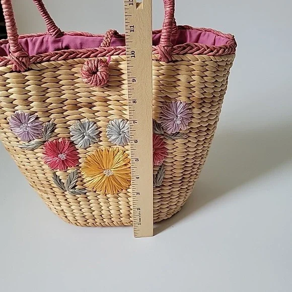 Vintage Handmade Floral Embroidered Straw Tote Bag Beach Mod Resort Retro - Picture 13 of 16